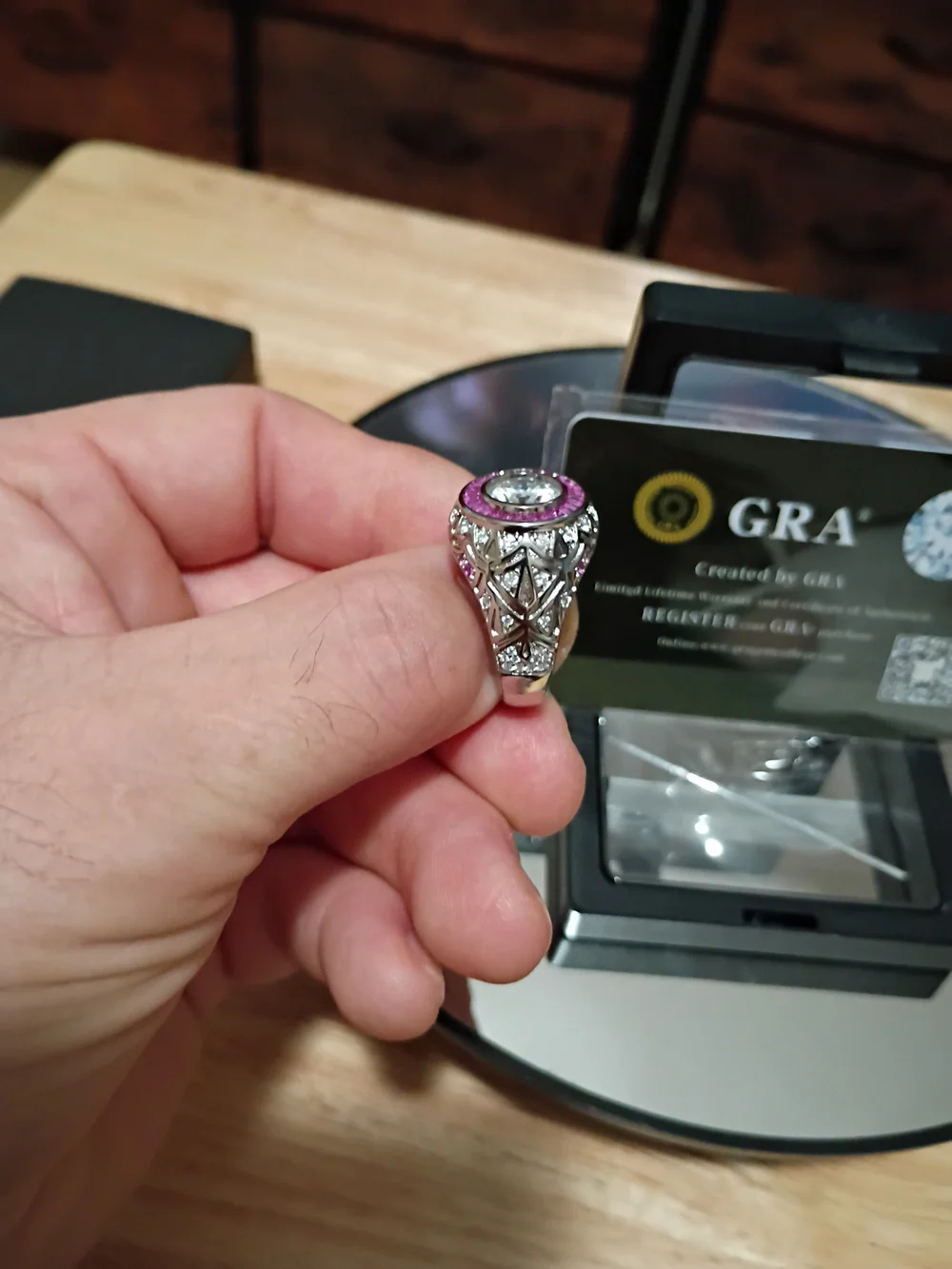 GRA Certified Round Halo Ring with Pink Stones